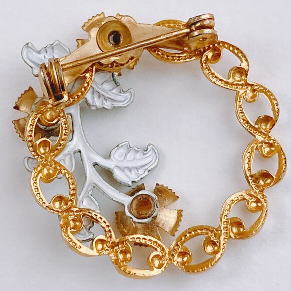 VTG Mid Century Enamel Floral Wreath Brooch Gold Tone Faux Pearl Articulated - Picture 8 of 10
